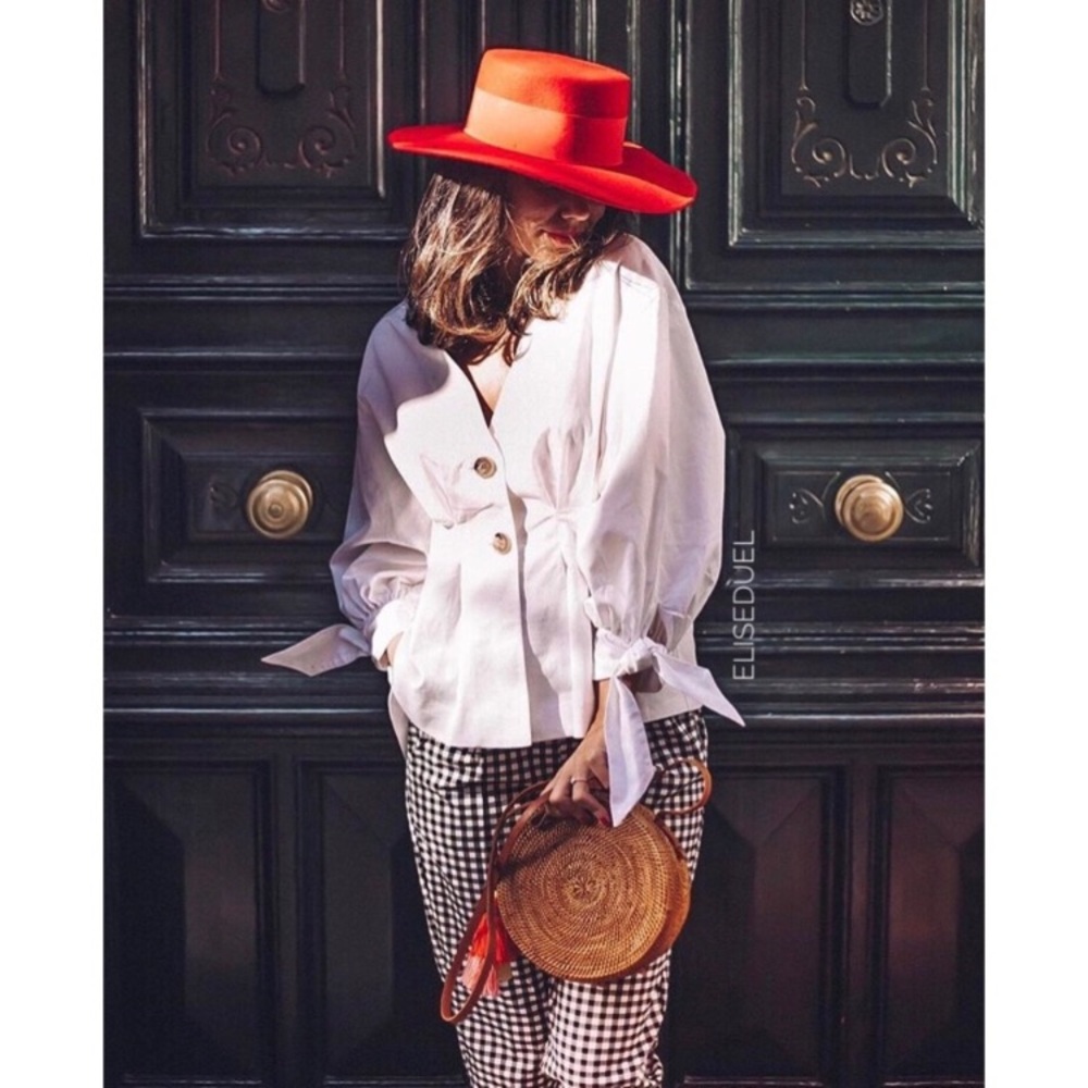 Zara Button-up Blouse w/Bows Linen Puff Sleeve Blouse Pleated Top S classic